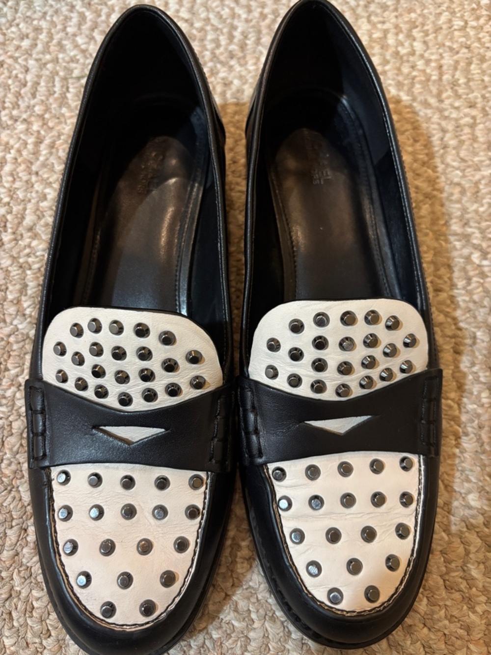 Black and White Studded Leather Loafers